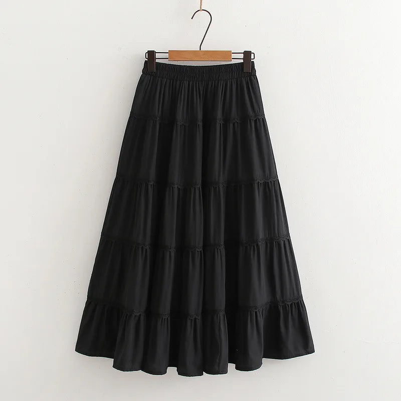 New 2026 Summer Women Cotton Skirt, Elastic Waist Ruffles Patchwork, Mori Girl Fashion Sweet OL Chic Loose Cake Skirt B63026CC