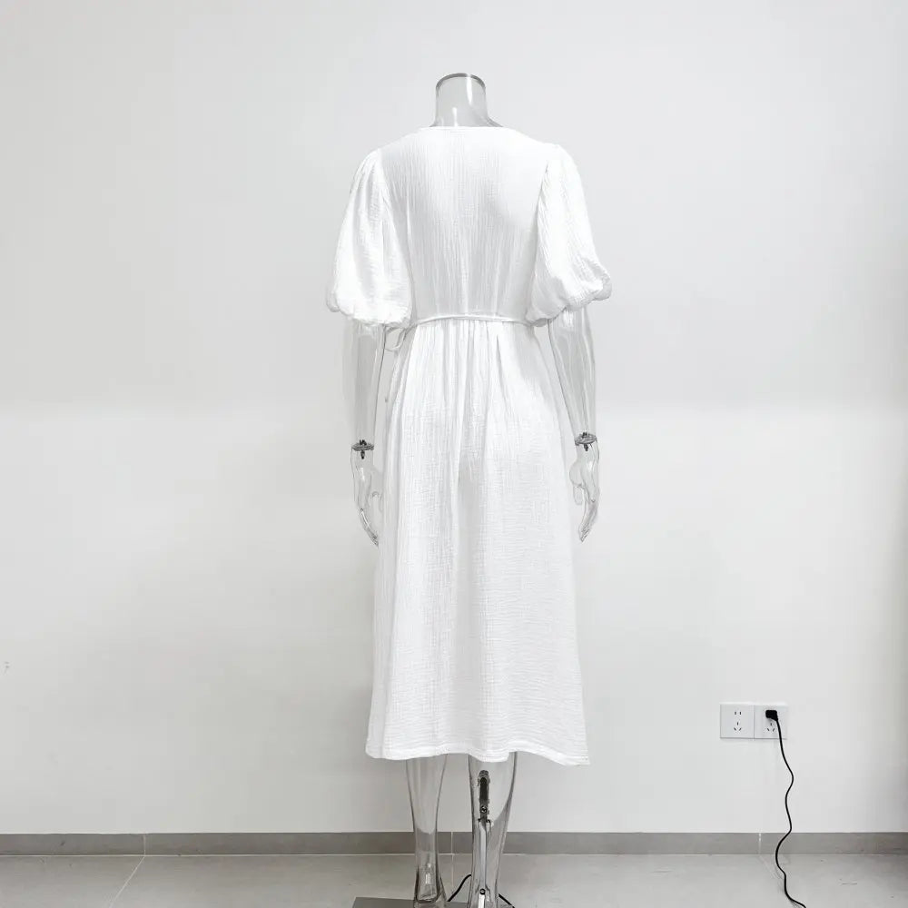 Long Dress Women Dresses Vestidos Lace Up V Neck Puff Sleeve Solid High Waist Female A Line Office Lady Summer 2025 Maxi Gown