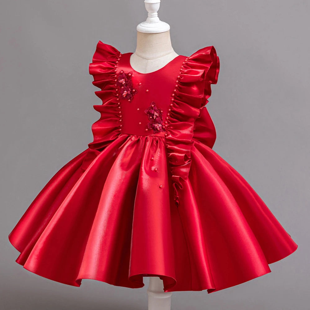 HETISO 1-6 Years Girl Princess Dress Ruffle Sleeve Kids Puffy Satin Dresses Children's Ball Gown for Birthday Holiday New Year