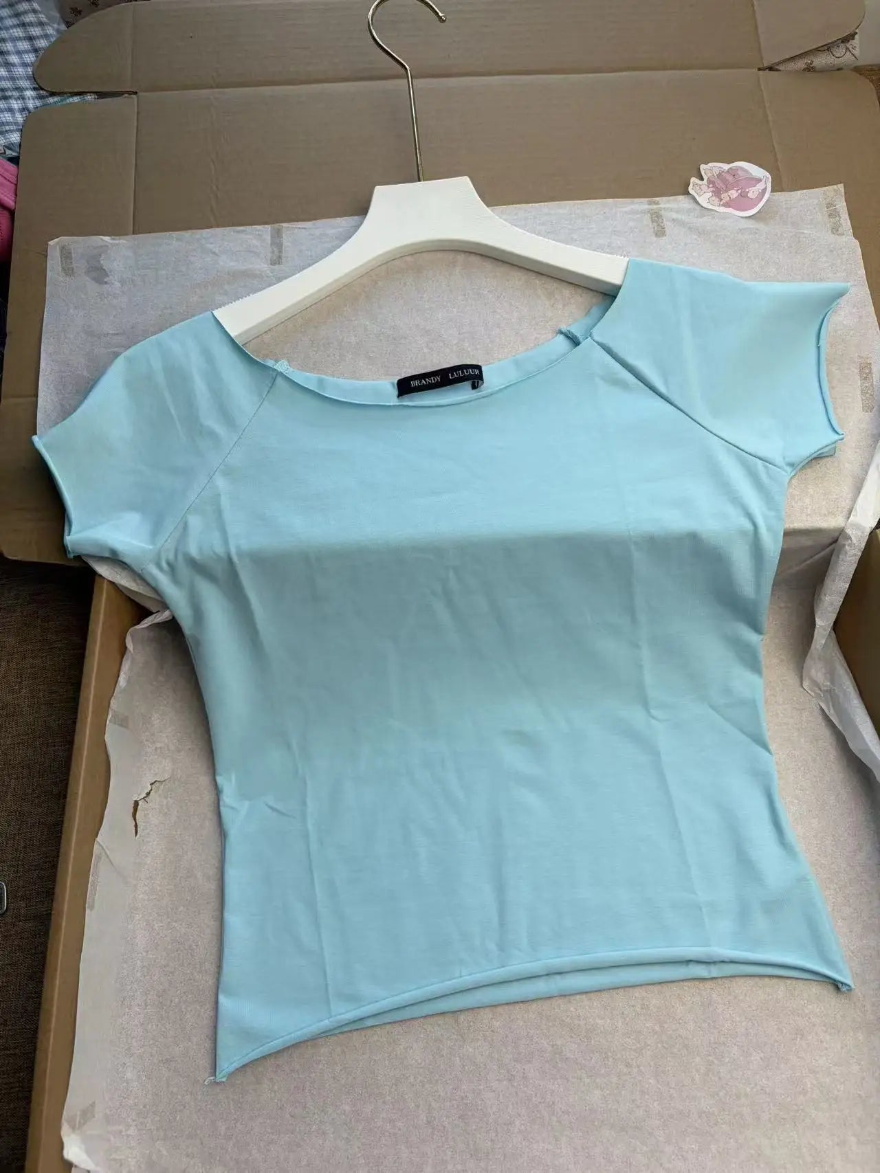 Mint Blue Slash Neck Crop Tops Women Summer Simple All-match Cotton Casual Slim T-shirts Sweet Cute Preppy Style Cropped Tees