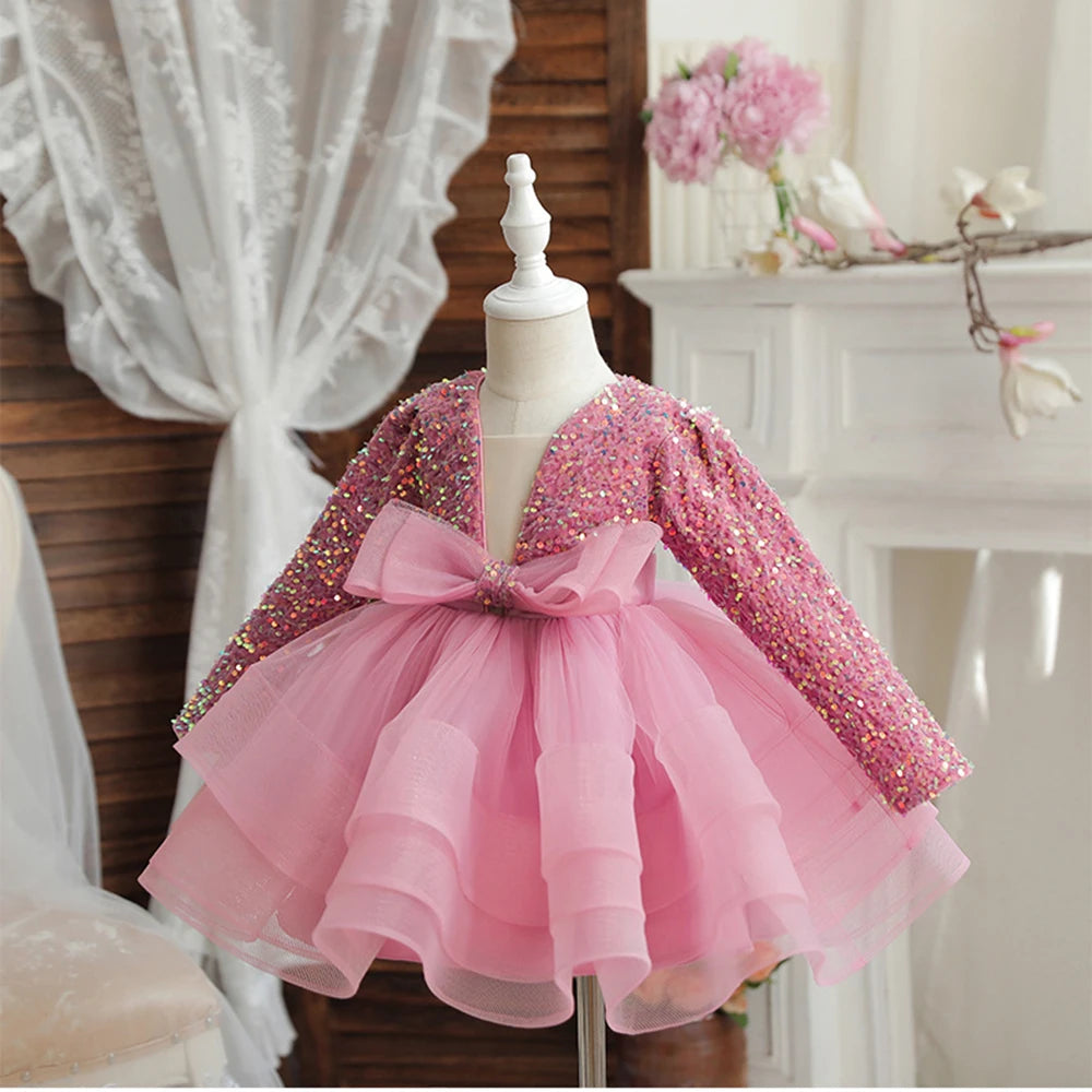 HETISO Girls Party Dresses Long Sleeve V-Neck Kid's Children Elegant Dress for Girl Sequined Tutu Wedding Ball Gowns 4 6 8 10Y