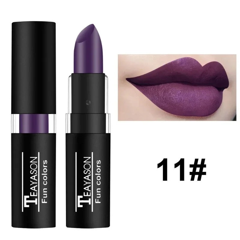 12 Colors Nude Lipstick Matte Velvety Vampire Makeup Punk Black Lip Gloss Smooth Waterproof Lasting Durable Dark Paint Cosmetics