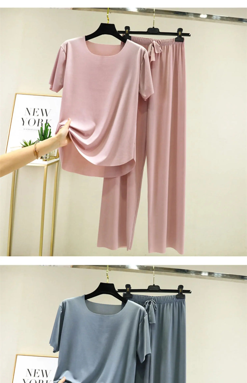 Women's Ice Silk Two-Piece Set - Round Neck T-Shirt and Loose Pants