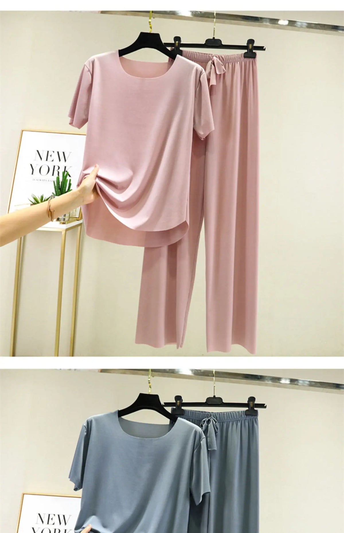 Women's Ice Silk Two-Piece Set - Round Neck T-Shirt and Loose Pants