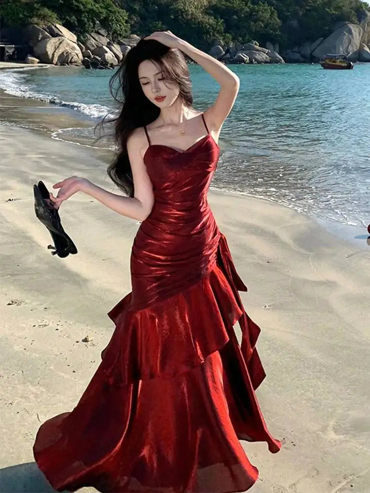 LGRQ 2026 Summer Blue Niche Strap Dress Fishtail Elegant Long Dresses Solid Color Female Elegant Party Gown 19DA2013