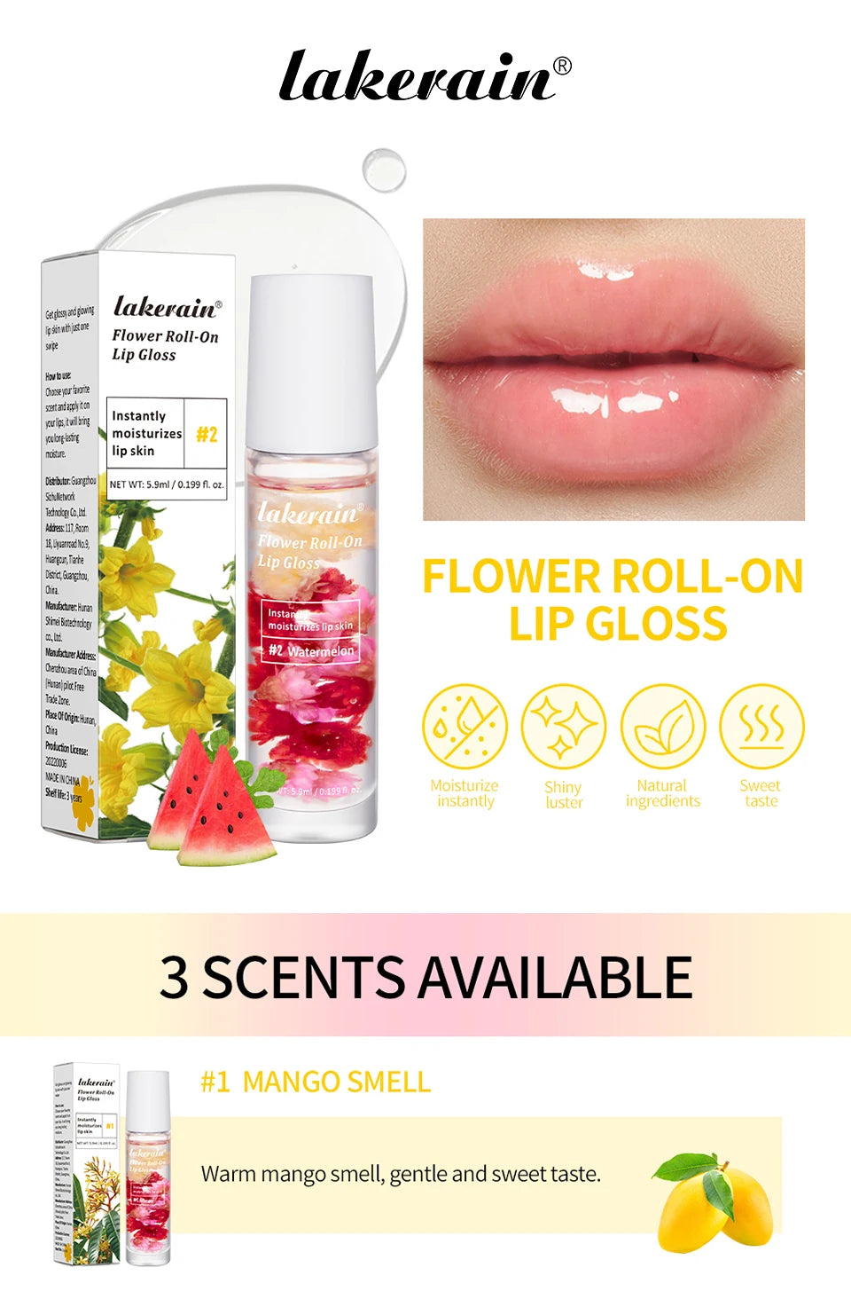 Lakerain Flower Roll-On Lip Gloss Fruit Flavor Sweet Taste Soften Lip Skin Long Lasting Gloss Deep Moisturizing Bright Gloss