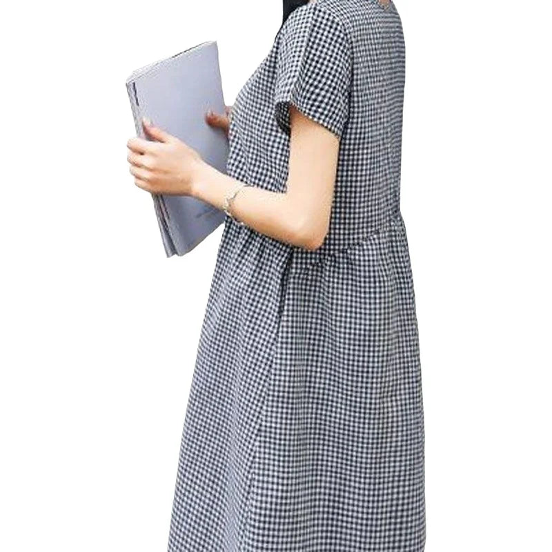 Black And White Plaid Summer Shirt Dress Women's Mid-Length Casual Outerwear Large Size Slimming Dress Artistic Retro Style