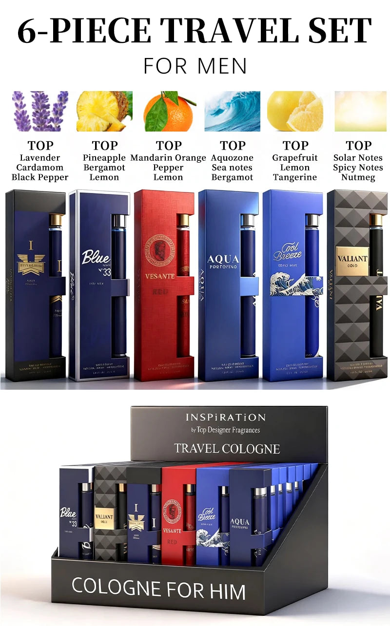 6-Piece Travel Set, Men's and Women's Eau De Toilette Spray, Long-Lasting Fragrance, 6 Different Flavors, Perfect for Holiday Gift