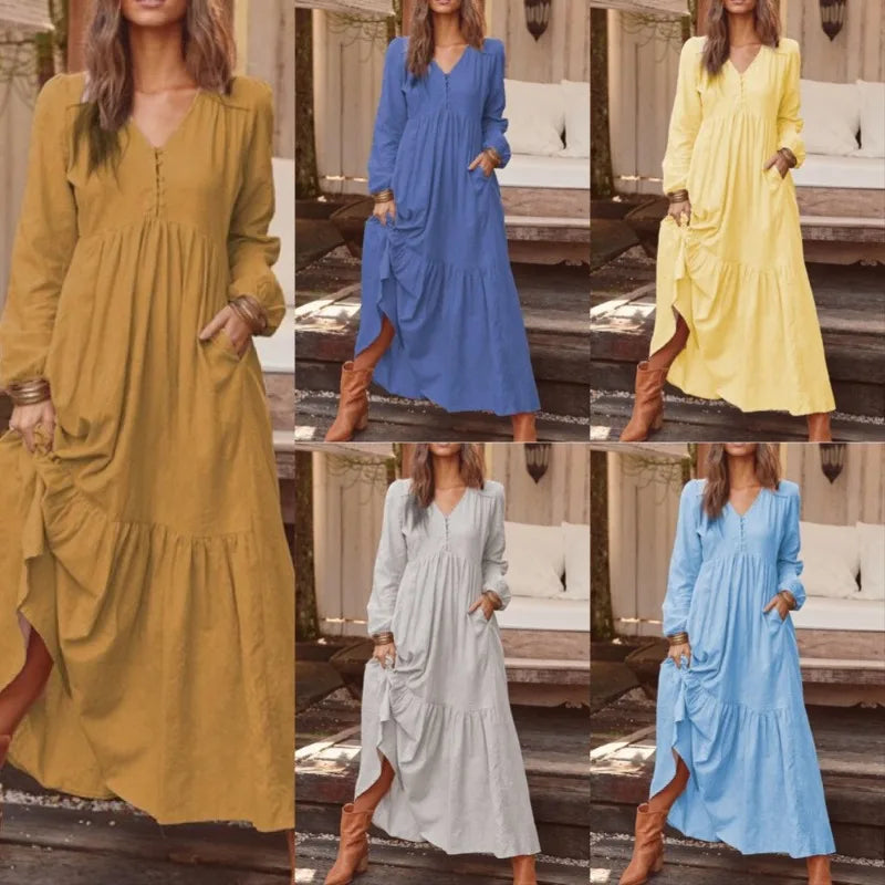 Loose Long Sleeve Cotton Linen Dress Retro Button Spring Autumn Vacation Women Skirt