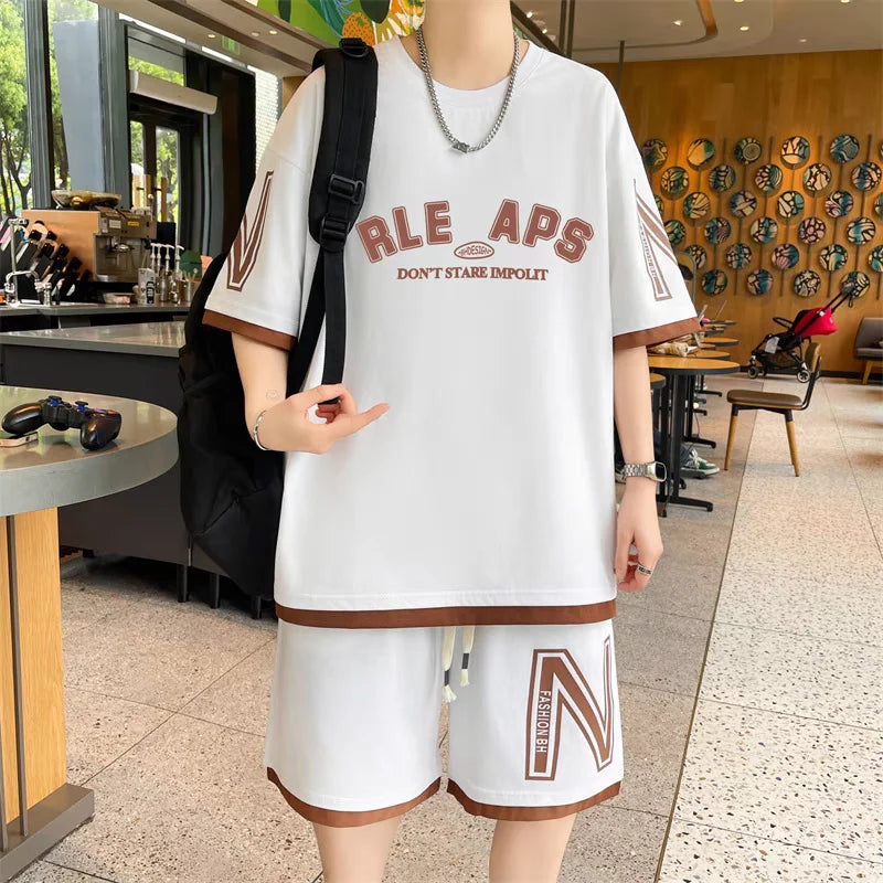 Summer Men'S Large Suit S-6Xl New Trendy Two Piece Set Korean High Street Fashion T-Shirt Shorts Tracksuits Designer Clothes Men