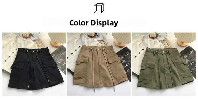 Retro High Waist Denim  Skirt Women's Spring Summer Autumn Casual Drawstring Anti-Light Short Skirt Polyester Fiber