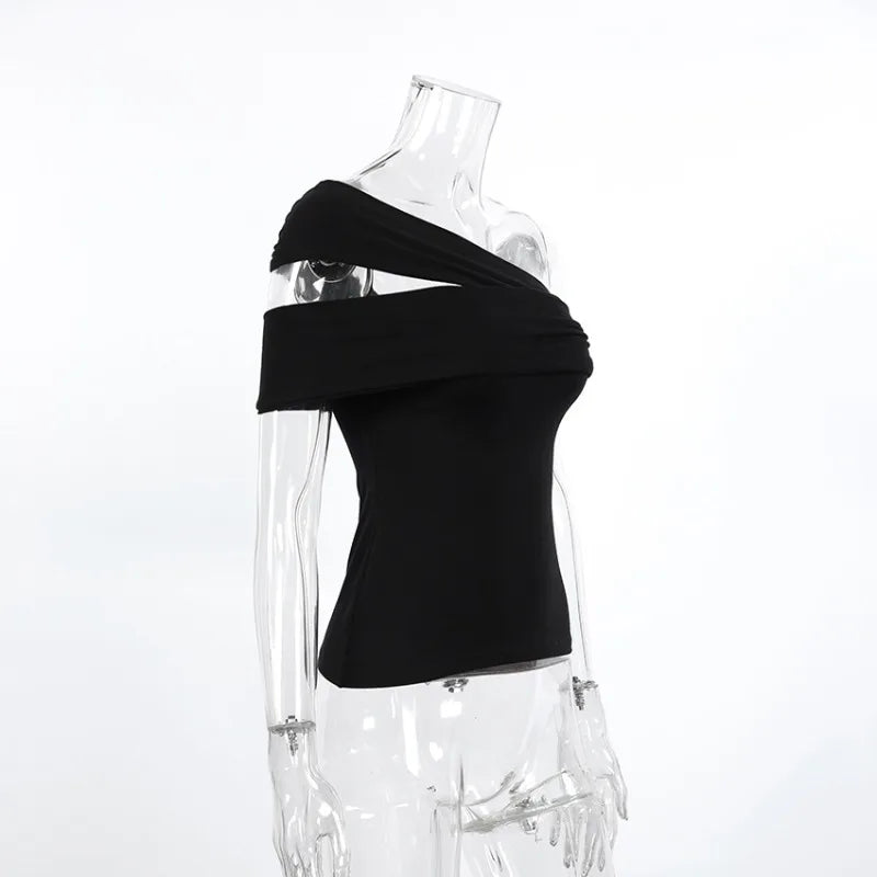 Trendix Black Bodycon Crop Tops For Women's 2026 Summer Off Shoulder Tank Top Street Slim Party Sexy Asymmetric Vacation Top