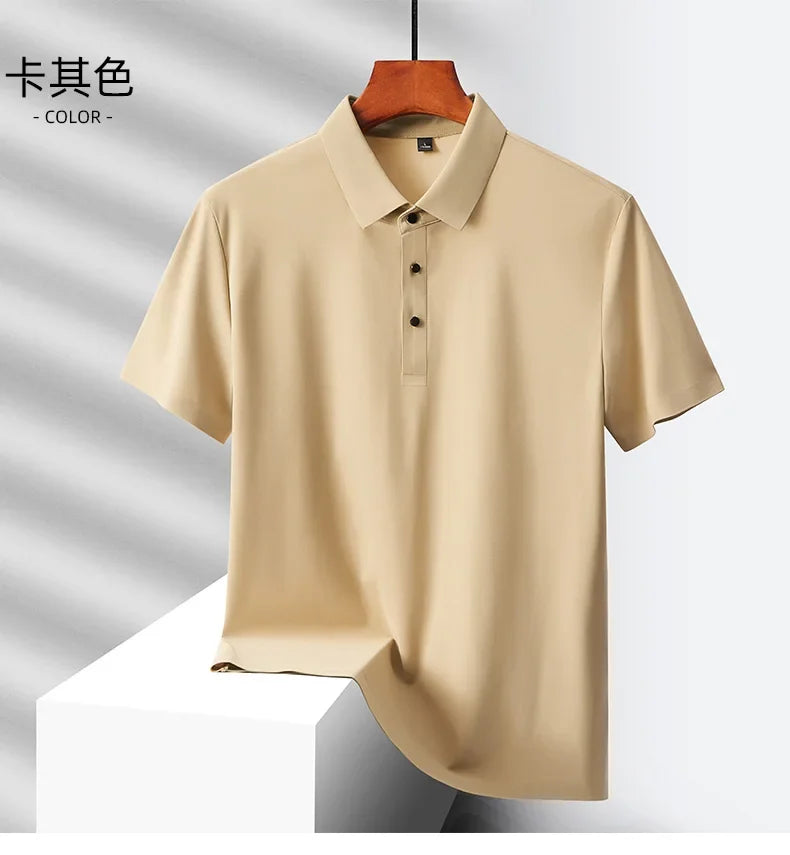 Summer Ice Silk Quick Drying Loose Polo Shirt Middle Aged Men's Solid Lapel Button Simple Versatile Casual Thin Short Sleeve Top