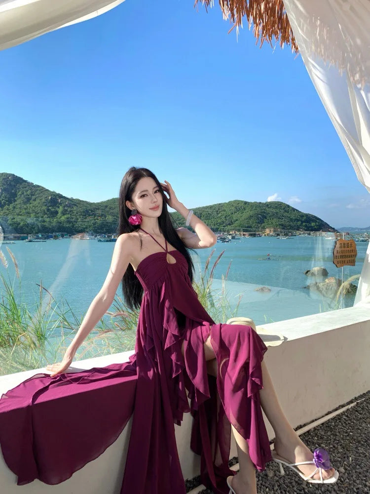 Purple Beach Vacation Photography Dress Women's Sleeveless Gown Luxury Design Sensation Halter Neck Chiffon Long Skirt