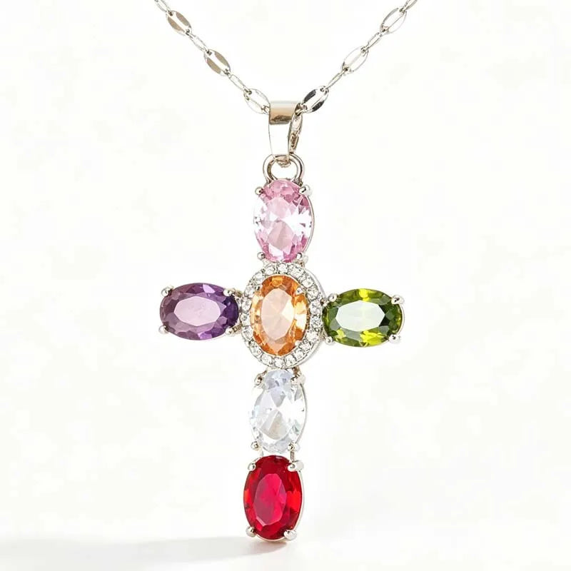 Fashion Colorful Zircon Cross Pendant Necklace For Women Stainless Steel Silver Color Charm Religious Necklaces Jewelry