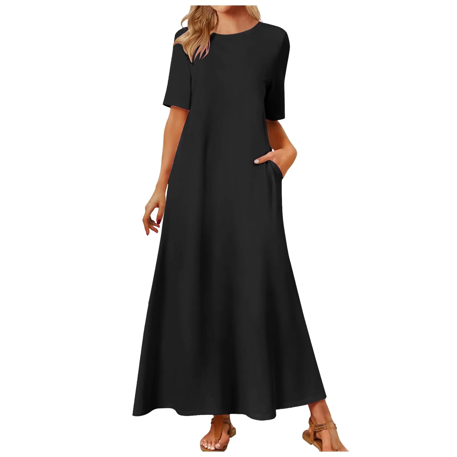 Women's Elegant Slim Fit Maxi Dresses Solid Short Sleeve O Neck With Pockets Ankle Length Dresses Casual Beach Holiday Dresses