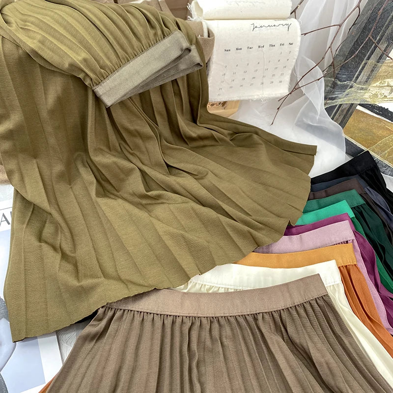 2026 Elegant High Waist Pleated Skirt for Women Mid-long Midi Skirt Female High Quality Black Saia