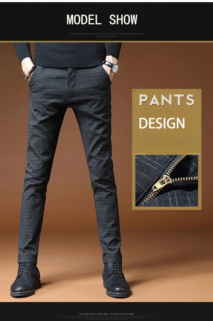 Classic Style Men's Casual Pants Fashion Striped Plaid Business Straight Slim Casual Pants Black Blue Gray Brand Men Trousers
