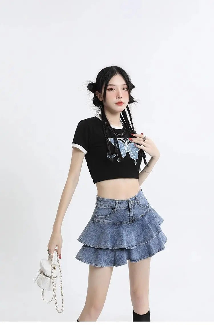 Women's Double Layer Ruffled Denim Mini Skirt With Heart Chain Decoration