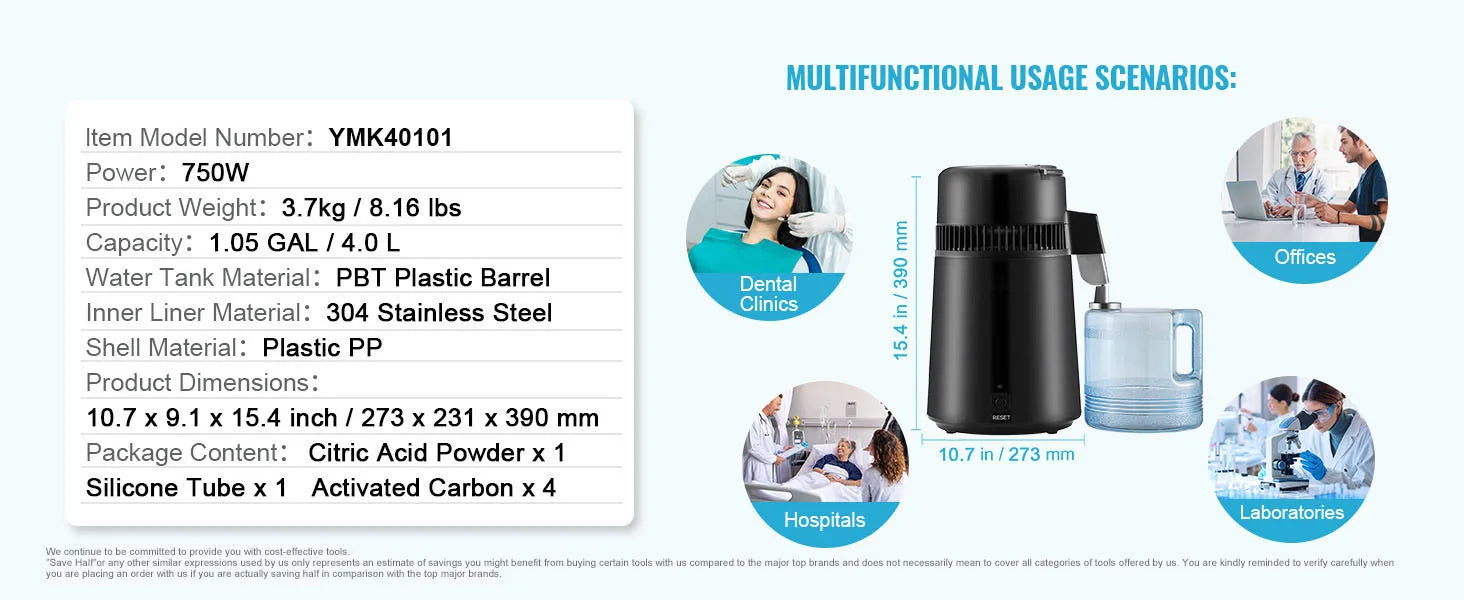 SucceBuy Water Distiller 4L 1.05 Gallon Pure Water Purifier Filter Countertop 750W Distilled Water MakerInterior Distiller