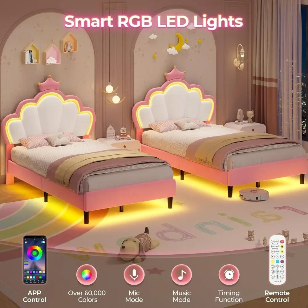Princess Twin Bed Frame with LED Lights, Adjustable Velvet Headboard, Pink Girls Platform Bed, Solid Wood Support
