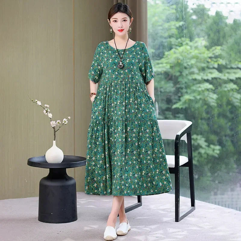 Women's Oversized A-Line Midi Dress – Loose Fit Short Sleeve Summer Sundress