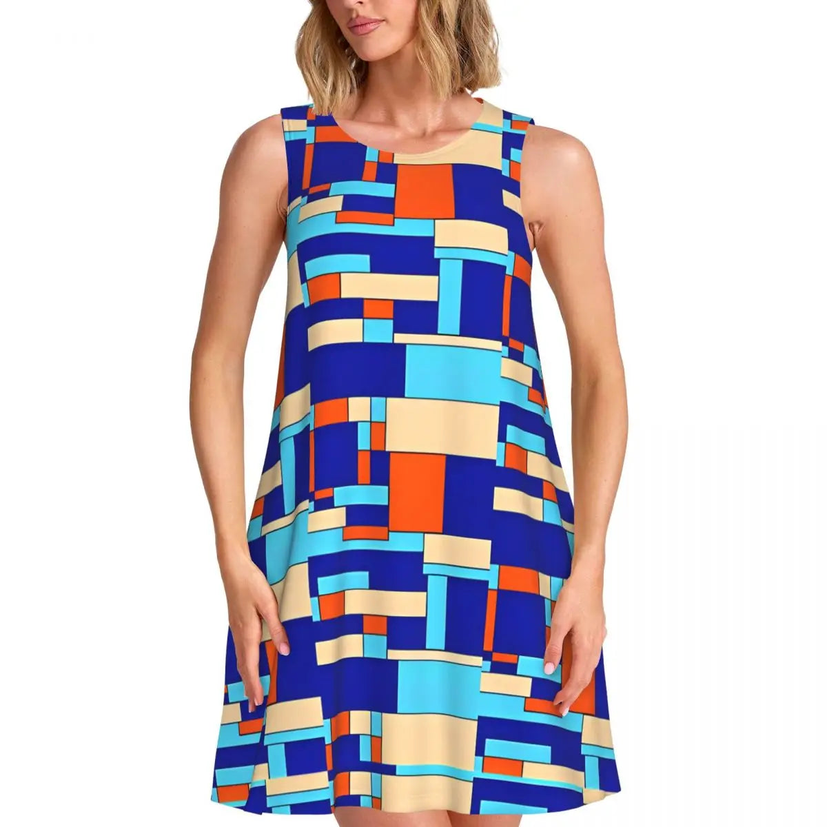 80s Color Block Print Mini Dress - Sleeveless A-Line Tank Dress
