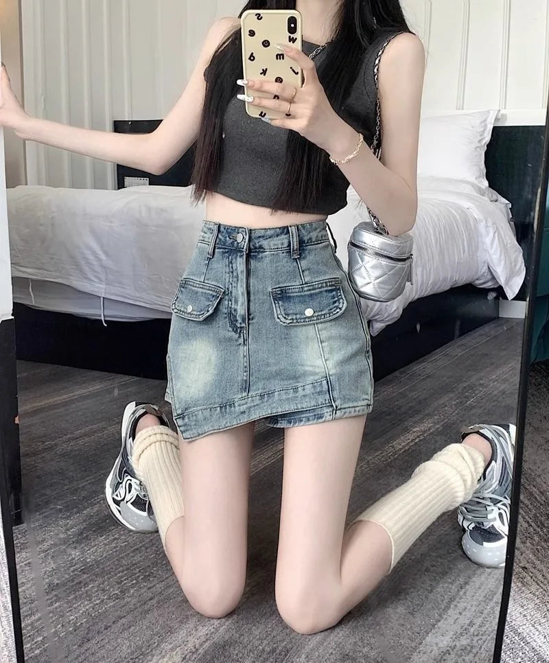Retro Spicy Girl Uneven Denim Mini Skirt High Waist Slim Fit Women's Summer New Style Short Skirt Bodycon Skirt New Style