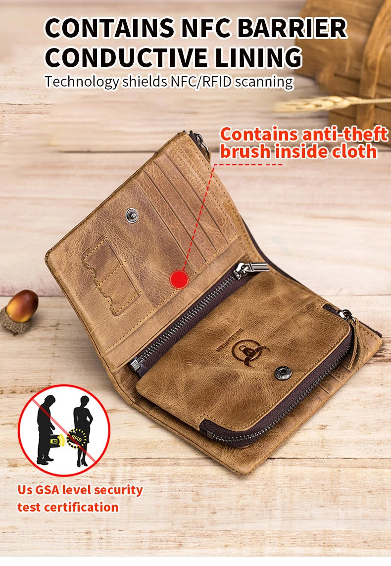 BULLCAPTAIN Authentic Leather Men's Wallet Short Purse Small Retro Wallet Brand High RFID New Short Wallet
