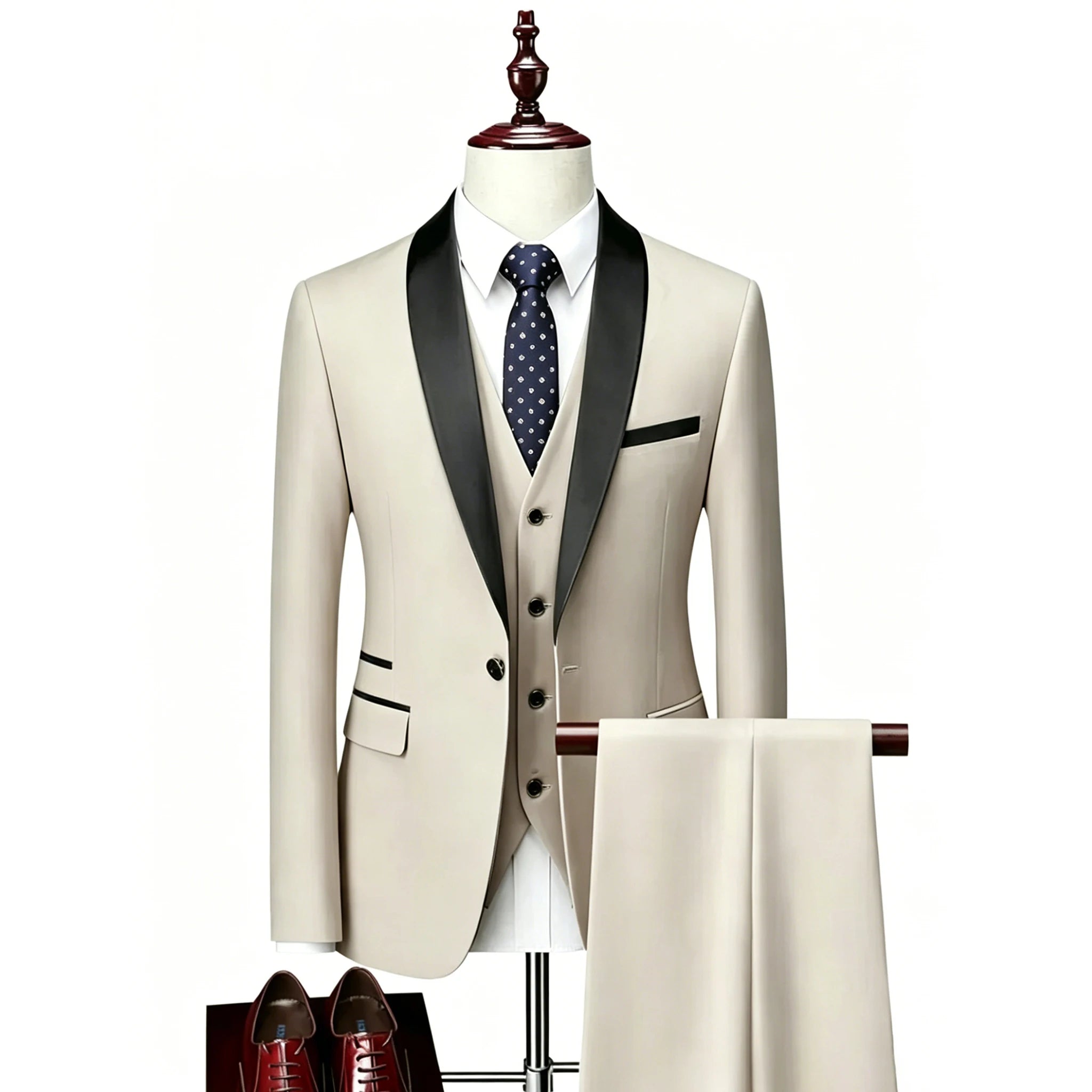 US Size XXS-3XL Men's 3 Piece Tuxedo Suit Set, Black Satin Shawl Lapel Slim Fit Blazer Vest Pants for Wedding Groom Party Prom