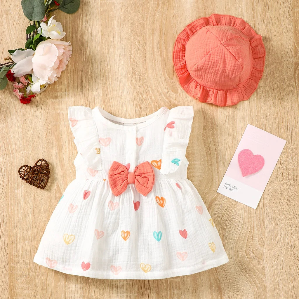 2Pcs Dress Clothes Set Newborn Baby Girl Love Print Sleeveless Dress With Hat Summer Fashion Cute Wear For Infant Girl 0-9Months