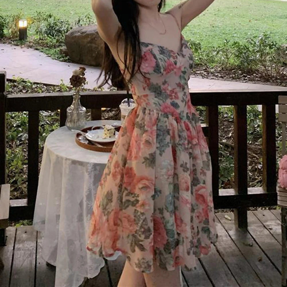 Women's Floral Print A-line Dress with Adjustable Straps and High Waist Design for Spring Summer Autumn Winter Wear