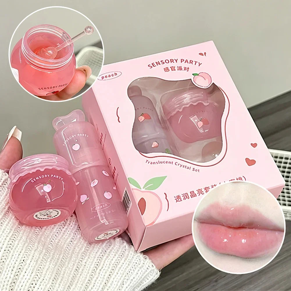 Blueberry Peach Lip Balm & Lip Gloss Set Light Hydrating Formula Relieve Dry Lips Remove Dead Skin Soothing Tender Lip Care