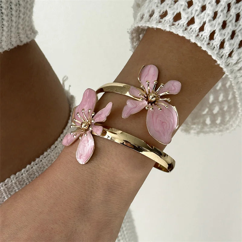Enamel Flower Open Cuff Bracelet For Women Elegant Gold Plated Floral Beach Jewelry