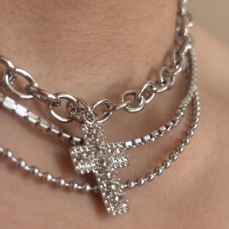 Rhinestone Cross Pendant Necklace Spicy Girl Sweet and Cool Style Multi Layered Necklace Choker Gift for Women Choker Jewelry