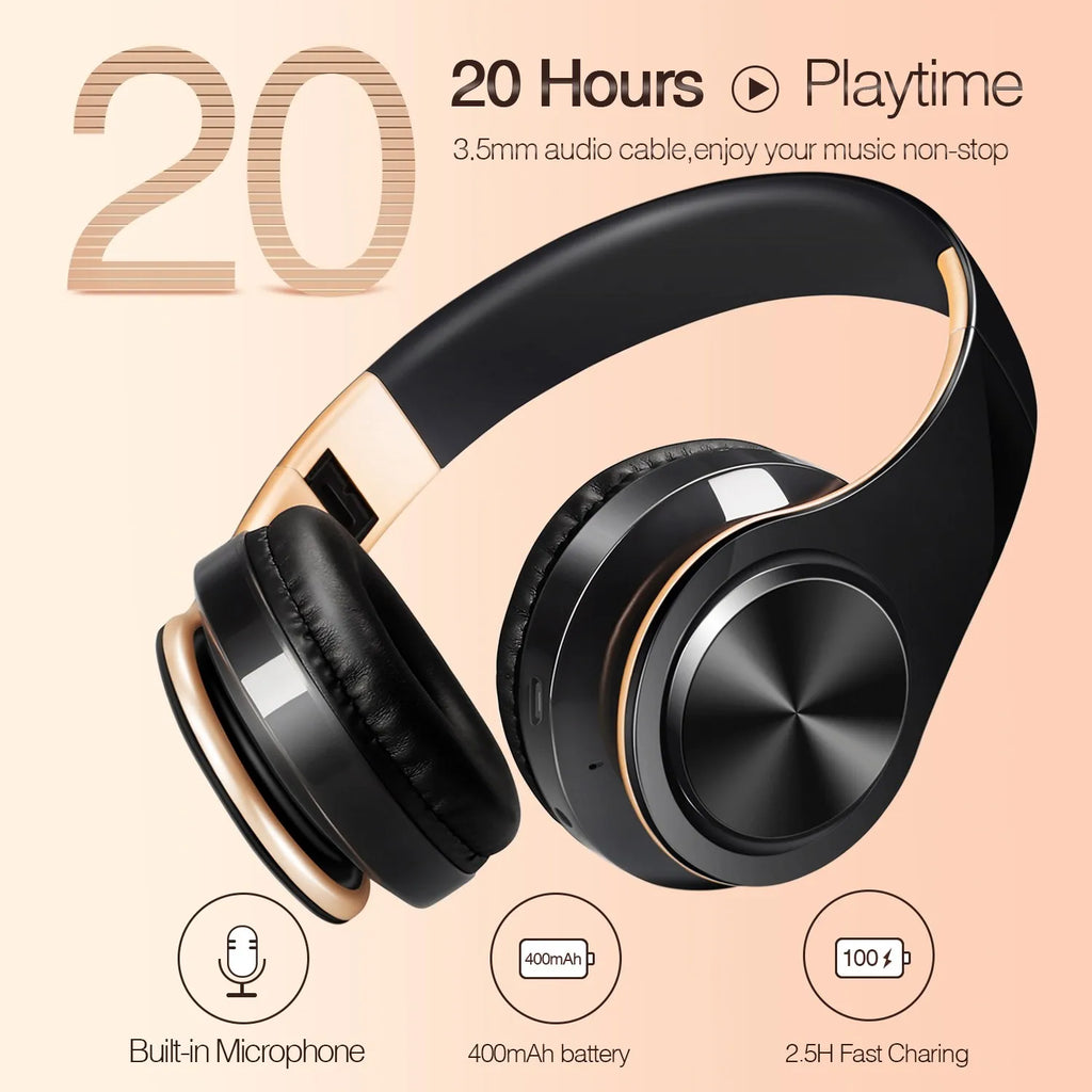Auriculares inalámbricos dorados para hombre, audífonos estéreo con Bluetooth y micrófono incorporado, universales para Android e iOS