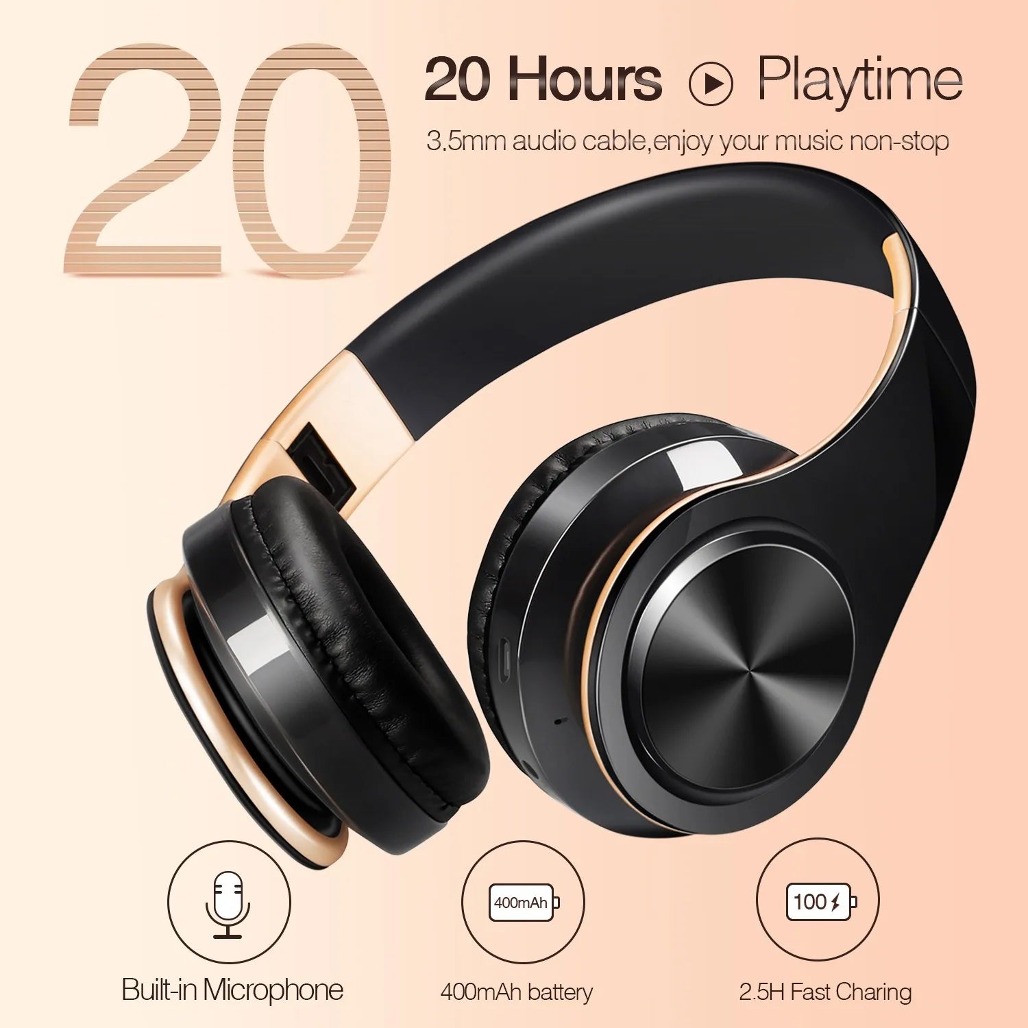 Auriculares inalámbricos dorados para hombre, audífonos estéreo con Bluetooth y micrófono incorporado, universales para Android e iOS