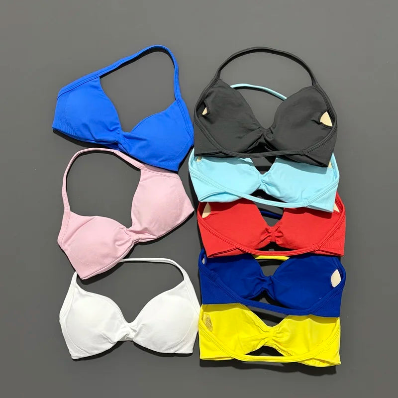 Histello Sports Strappy Bra Women Yoga Tank Bra Seamless High Support Fitness Workout Top Running Exercise Halter Gym Bras