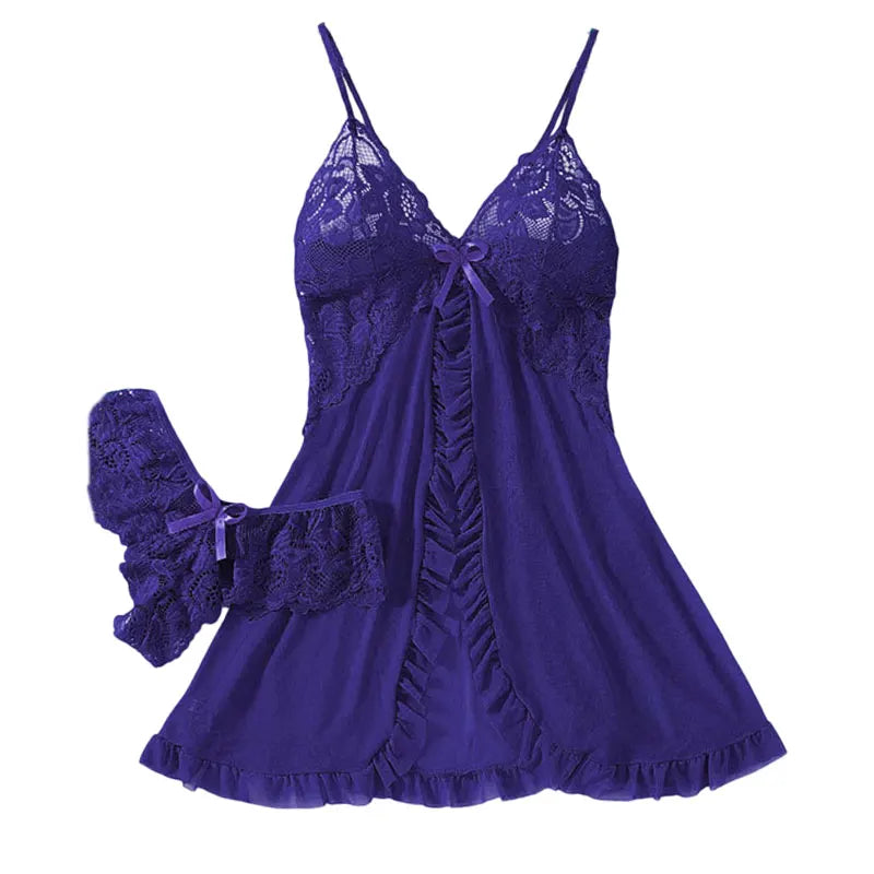 Summer Hot Sexy Sleepwear Dress Sleeveless Backless Women Lace Sheer Nightdress Solid Color Soft Pajamas Short V-neck Thong Set