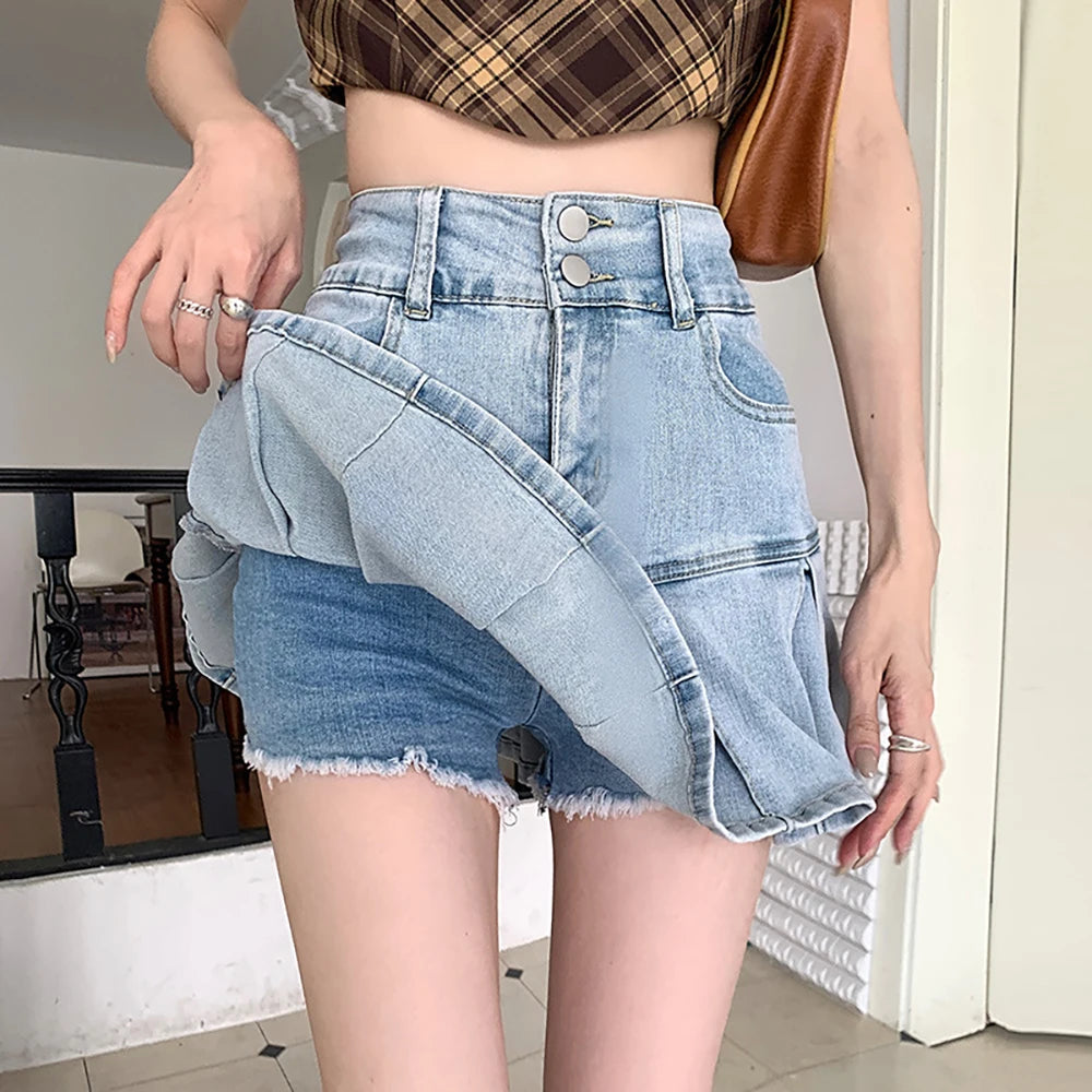 Women Pleated Denim Mini Skirt Summer High Waist Double Button Slim A-Line Skirts with Safety Shorts Y2K Style Party Wear Skirt