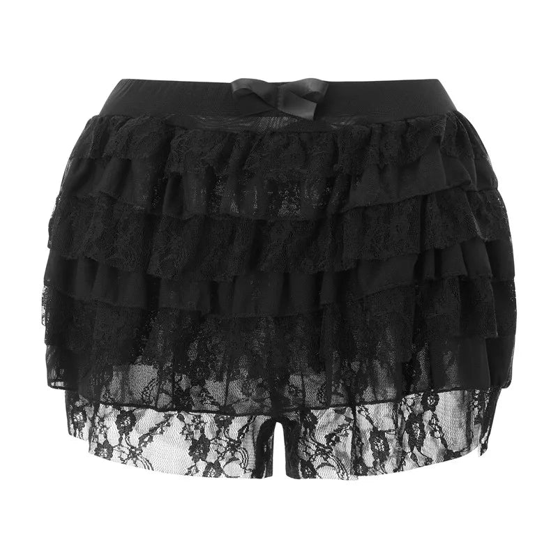 Women Mesh Lace Bloomer Shorts Y2k Layered Ruffle Frilly Booty Shorts Fairy Bowknot Sexy Boy Shorts Panties Party Clubwear