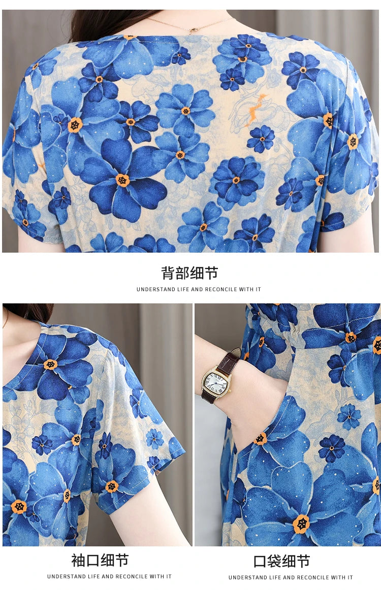New Elegant Floral Dress  Bohemian plus Size Women Summer Short Sleeve Clothing with Large Hem for Casual Occasions