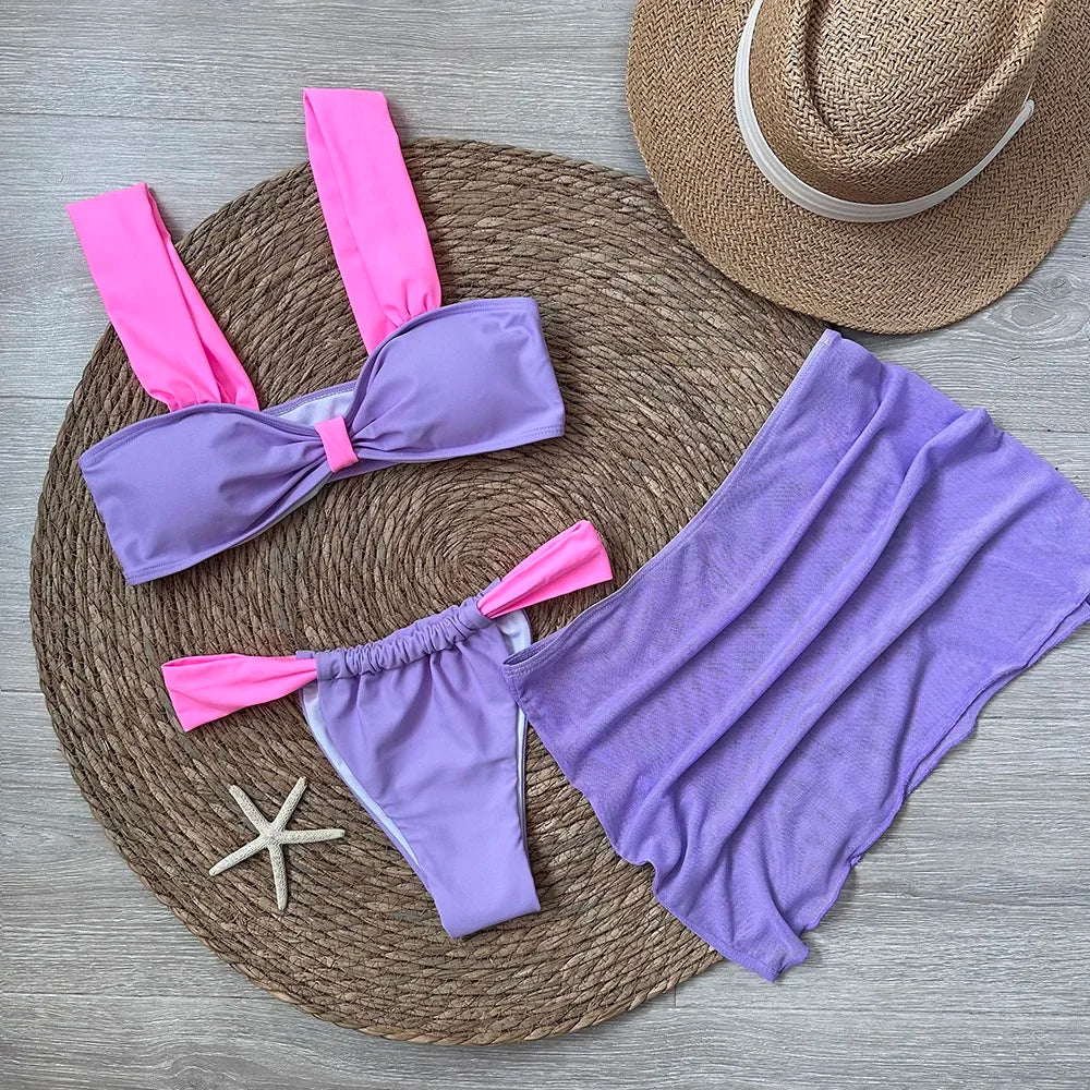 3 Piece Bikini Set With Mini Skirt Push Up Beachwear For Women Sexy Micro Thong Biquini