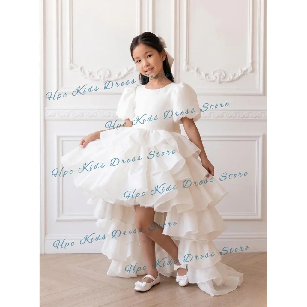 Custom White Tiered Tulle Flower Girl Dress Wedding High-Low Puff Sleeve Gown for  Birthday Party Kids Formal Wear