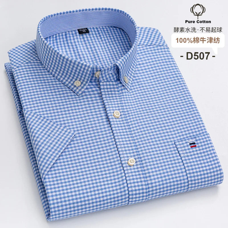 7XL Classic Men's Short Sleeve Shirt 100% Oxford Cotton Casual Plaid Stripe Shirt Business Men's Shirts Short Sleeve Large Size