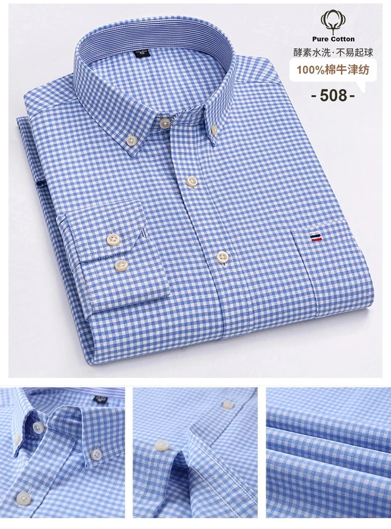 New 100% Cotton Oxford Men Shirts Long Sleeves Plaid Soft Regular Fit Formal Dress Shirt Pocket Social Blouse Male Clothes S-7XL