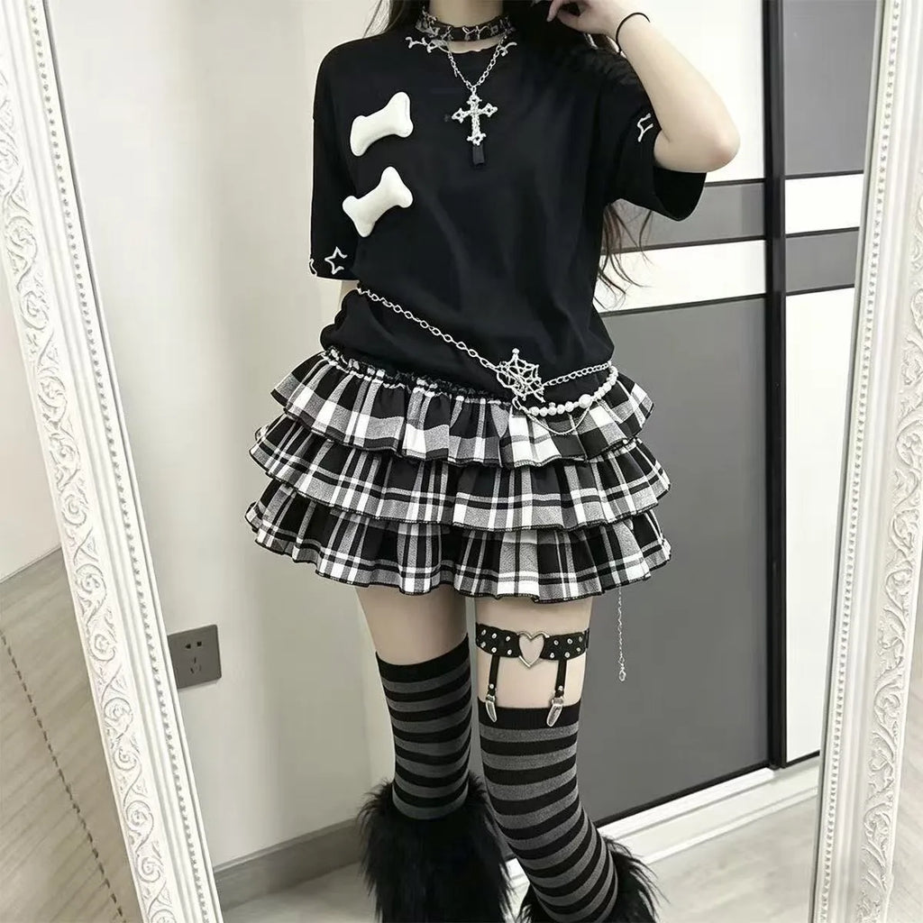 Y2K Black White Print Mini Skirt Women Slim Design Ruffle Layered A Line Skirt Elastic Waist Harajuku Pleated Short Piano Skirts