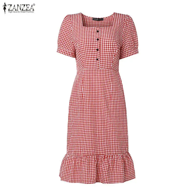 Woman Vintage Suqare Neck Gingham Knee-Length Dress Casual Puff Sleeves Ruffled Hem Dresses ZANZEA Summer Daily Wear Vestidos