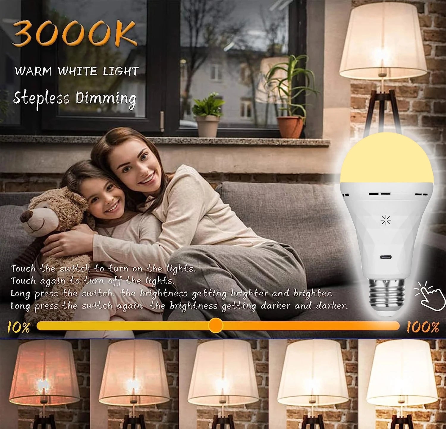 HOMEFISH USB Rechargeable E27 LED Bulb – Touch Control, Dimmable & Timer