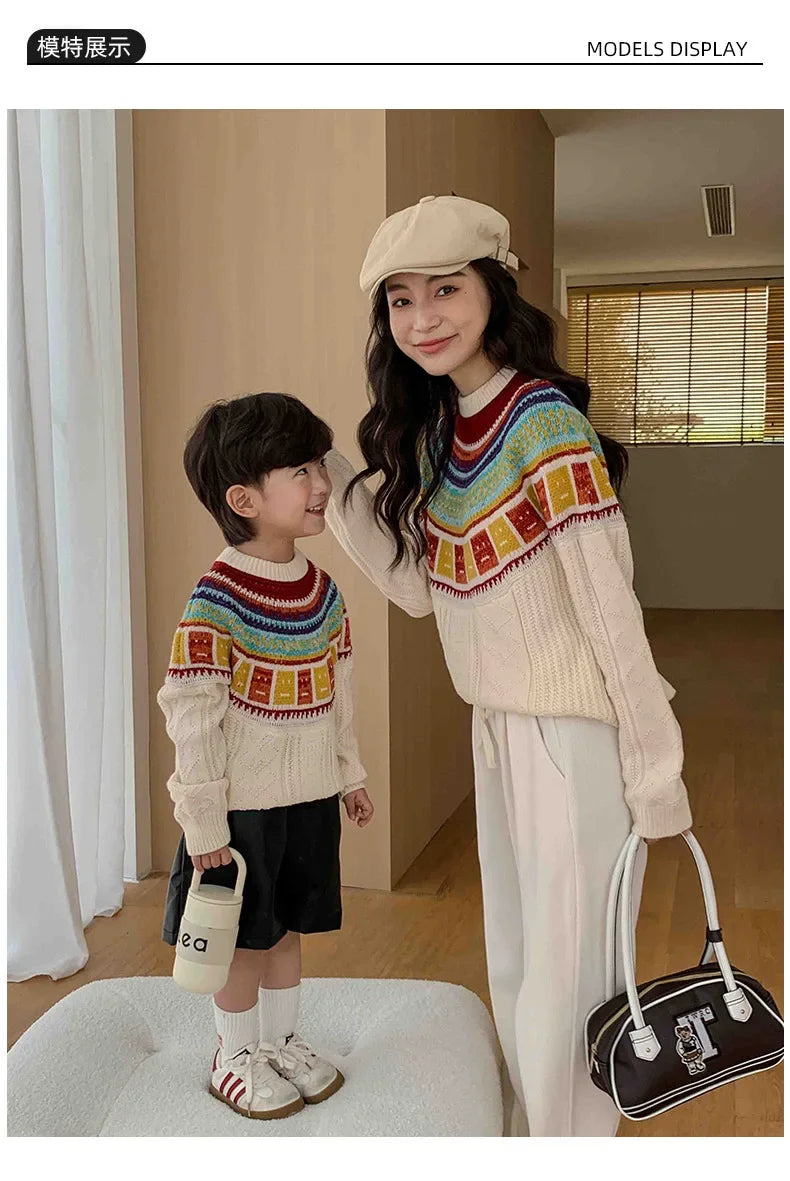 Women Sweater Print Family Daughter Matching Equal Mother Same Knit Top Pullover Baby Knitwear Clothes Knitted Jumper Holiday
